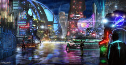  building circuit_board city cloud cloudy_sky commentary cyberpunk diffraction_spikes dome english_commentary multiple_boys neon_lights neon_trim night original outdoors photoshop_(medium) rain reflection reflective_pavement scenery science_fiction signature sky skyscraper wenlong_zengye wet_pavement 