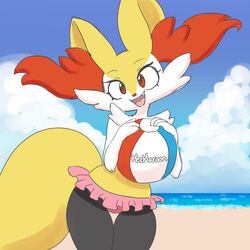  animal_ear_fluff animal_ears artist_name ball beach beachball bikini blue_sky braixen clothed_pokemon cloud cowboy_shot creatures_(company) day fangs female female fox_ears fox_tail frilled_bikini frills furry game_freak gen_6_pokemon hands_up happy head_tilt highres holding jpeg_artifacts looking_at_viewer mezmaroon nintendo no_humans ocean open_mouth outdoors pink_bikini pokemon pokemon_(creature) red_eyes sand signature sky smile solo standing swimsuit tail thigh_gap topless water 