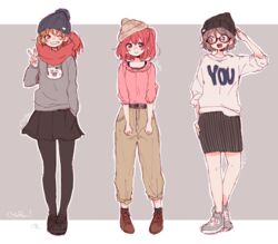  3girls :d ;d artist_name beanie black-framed_eyewear blue_eyes blush brown_background casual character_name clothes_writing commentary_request cyaron!_(love_live!) glasses green_eyes grey_hair grin hat kudo_(low_temp) kurosawa_ruby long_sleeves looking_at_viewer love_live! love_live!_sunshine!! multiple_girls one_eye_closed open_mouth orange_hair pants pantyhose red_eyes red_hair shoes short_hair signature simple_background skirt smile takami_chika two-tone_background v watanabe_you white_background 