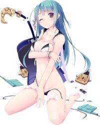  akesaka_iku alternate_costume aqua_hair between_legs bikini breast_lift breasts broken broken_weapon cleavage female full_body hand_between_legs large_breasts looking_at_viewer nagoya_(oshiro_project) official_art one_eye_closed oshiro_project:re purple_eyes sitting solo strap_break swimsuit torn_bikini torn_clothes transparent_background weapon 