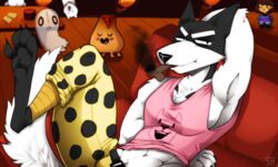  2015 4_toes 5:3 animal_print anthro belt black_nose blush bottomwear canid canine canis cheetah_print claws closed_eyes clothing digital_media_(artwork) dog_food dog_treat doggo_(undertale) domestic_dog feet frisk_(undertale) fur group hi_res human lesser_dog looking_at_viewer male mammal napstablook navel pants pet_food shirt smile smoking solo_focus spazzyhusky tank_top toe_claws toes topwear undertale undertale_(series) vulkin white_body white_fur 