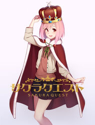  absurdres arnold-s blush cape commentary copyright_name english_commentary female highres koharu_yoshino looking_at_viewer open_mouth pink_hair red_cape red_eyes sakura_quest short_hair smile solo 