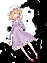  black_clouds blonde_hair commentary_request dress female floating hand_on_own_chest hat horror_(theme) looking_to_the_side maribel_hearn mary_janes mob_cap purple_dress red_footwear shiroshi_(denpa_eshidan) shoes simple_background solo staring touhou worried yellow_eyes 