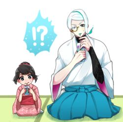  1boy asymmetrical_hair blue_hakama blue_lips commentary_request cup drinking drinking_glass drinking_straw female gomoku_(umesyuumai) hair_bun hakama hakama_skirt japanese_clothes juice_box lipstick little_girl_saniwa_(touken_ranbu) makeup monocle saniwa_(touken_ranbu) single_hair_bun sitting skirt socks tatami tomoegata_naginata touken_ranbu white_hair 