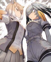  2girls animal_costume belt breast_pocket commentary expressionless from_below green_eyes grey_hair guchico head_wings high-waist_shorts kemono_friends light_brown_hair multicolored_hair multiple_girls necktie pantyhose pleated_skirt pocket shirt_tucked_in shoebill_(kemono_friends) short_sleeves shorts skirt staring staring_contest tibetan_fox_(kemono_friends) wings yellow_eyes 