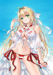  ahoge bad_id bad_pixiv_id bikini blonde_hair bow bracelet breasts cleavage criss-cross_halter day fate/grand_order fate_(series) female green_eyes hair_intakes hairbow halterneck highres jewelry jiushi_shijiu large_breasts light_blush light_smile long_hair looking_at_viewer nero_claudius_(fate) nero_claudius_(swimsuit_caster)_(fate) nero_claudius_(swimsuit_caster)_(third_ascension)_(fate) photoshop_(medium) side-tie_bikini_bottom solo striped_bikini striped_clothes swimsuit twintails 