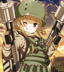  ;q blonde_hair blunt_bangs braid braided_bun brown_eyes brown_gloves brown_jacket catbell commentary_request female floating_hair fukaziroh_(sao) gloves grenade_launcher ground_vehicle gun hair_bun highres holding holding_gun holding_weapon humvee jacket knife_in_hair long_hair looking_at_viewer loud military military_uniform milkor_mgl motor_vehicle one_eye_closed outdoors rightony_&amp;_leftania single_hair_bun solo sword_art_online sword_art_online_alternative:_gun_gale_online tongue tongue_out trench_knife uniform upper_body weapon 