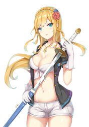  blonde_hair blue_eyes blush breasts cleavage collarbone commentary_request female french_flag gloves highres holding holding_sheath holding_sword holding_weapon large_breasts long_hair looking_at_viewer navel parted_lips richelieu_(warship_girls_r) sheath solo sword unsheathing warship_girls_r weapon white_gloves zhudacaimiao 