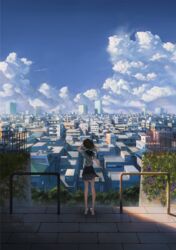  black_hair blurry building city cityscape cloud cloudy_sky commentary day depth_of_field female flower from_behind grass hand_to_head highres horizon kagumanikusu looking_afar original outdoors railing scenery school_uniform serafuku shade sky skyscraper summer tree wind 