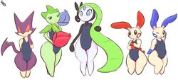  2016 ambiguous_gender anthro blue_eyes clothing elemental_creature felid female flora_fauna frown generation_3_pokemon generation_5_pokemon green_hair group hair hi_res humanoid immortalstar legendary_pokemon long_hair mammal meloetta meloetta_(aria_form) minun nintendo one-piece_swimsuit one_eye_closed plant plusle pokemon pokemon_(species) purrloin rodent roselia semi-anthro simple_background smile swimwear white_background wink 