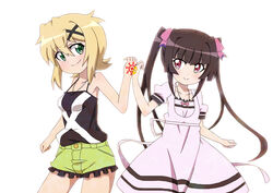  2girls akatsuki_kirika black_hair blonde_hair commentary crescent dress green_eyes green_shorts hair_between_eyes hair_ornament long_hair minus_sign multiple_girls name_connection pink_dress plus_sign puffy_short_sleeves puffy_sleeves purple_eyes senki_zesshou_symphogear short_hair short_shorts short_sleeves shorts simple_background sleeveless smile sun_symbol symbol-only_commentary tsukuyomi_shirabe white_background x_hair_ornament yaya_(20090410) 