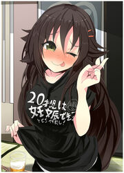  ;p alcohol black_shirt blush breasts brown_hair clothes_writing commentary_request cup drinking_glass drunk female green_eyes hair_between_eyes hair_ornament hairclip head_tilt himekawa_yuki idolmaster idolmaster_cinderella_girls large_breasts long_hair looking_at_viewer one_eye_closed photoshop_(medium) rakkogawa_rinro shirt short_sleeves smile solo tongue tongue_out translation_request v 