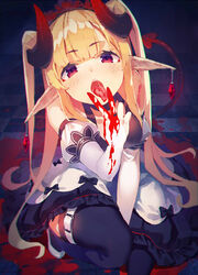  bare_shoulders black_thighhighs blood blush breasts bridal_gauntlets chromatic_aberration commentary_request demon_girl demon_horns demon_tail detached_sleeves earrings elbow_gloves female fingerless_gloves gloves horns jewelry lips looking_at_viewer medium_breasts open_mouth original pointy_ears puffy_sleeves red_eyes saliva shoes solo tail thighhighs tongue tongue_out twintails vampire white_footwear yasumo_(kuusouorbital) 