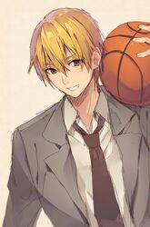  1boy bad_id bad_pixiv_id ball basketball basketball_(object) beige_background blonde_hair brown_eyes brown_necktie earrings grey_jacket hair_between_eyes holding holding_ball jacket jewelry kise_ryouta kuroko_no_basuke looking_at_viewer male_focus natsu_natsuna necktie parted_lips shirt short_hair smile solo white_shirt 