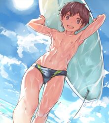  1boy blue_eyes blue_sky brown_hair bulge carrying_overhead cloud commentary_request day dutch_angle groin holding holding_surfboard looking_at_viewer male_focus male_swimwear nayoshi_(r-744) nipples original outdoors sky smile solo surfboard swim_briefs walking wet 