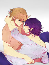  blue_eyes brown_hair couple crying hug mutou_tooru natsuno_yuuki pants purple_eyes purple_hair sad shiki short_hair smile yaoi 