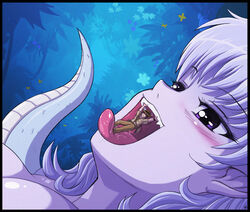  1boy blue_hair blush commentary_request felarya female giant giantess karbo lamia long_hair monster_girl open_mouth pale_skin photoshop_(medium) purple_eyes saliva straight tongue tongue_out vivian_(karbo) vore 