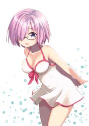  :d arms_behind_back black-framed_eyewear blush bow breasts collarbone commentary dress dress_bow dress_swimsuit fate/grand_order fate_(series) female glasses hair_over_one_eye highres large_breasts leaning_forward looking_at_viewer mash_kyrielight mash_kyrielight_(swimsuit_of_perpetual_summer) official_alternate_costume open_mouth pink_bow purple_eyes purple_hair short_hair smile solo thighs white_dress yoshikita_popuri 