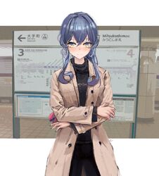  alternate_costume black_pants black_sweater blue_eyes blue_hair brown_coat coat commentary cowboy_shot crossed_arms female gotland_(kancolle) hair_bun highres jewelry kantai_collection long_hair looking_at_viewer mole mole_under_eye pants photo_background ring sign single_hair_bun solo standing subway_station sweater tifg39 tokyo_metro train_station wedding_ring 