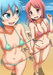  2girls ahoge bare_shoulders barefoot beach bikini blue_eyes blue_hair blue_sky blush breasts cloud commentary_request day gachon_jirou green_bikini holding_hands interlocked_fingers long_hair looking_back medium_breasts multiple_girls navel ocean original outdoors pink_bikini pink_eyes pink_hair sand shared_swimsuit short_hair side-tie_bikini_bottom sky small_breasts sweatdrop swimsuit water 