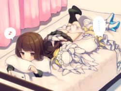  ... 2girls ahoge bad_id bad_pixiv_id bed blonde_hair brown_hair cellphone commentary_request eighth_note fate/extra fate/extra_ccc fate_(series) frills hug kishinami_hakuno_(female) legs_up long_hair lying multiple_girls munuko musical_note nero_claudius_(bride)_(fate) nero_claudius_(fate) no_shoes on_stomach phone pillow school_uniform serafuku smartphone socks spoken_ellipsis spoken_musical_note tsukumihara_academy_uniform_(fate/extra_ccc) veil 