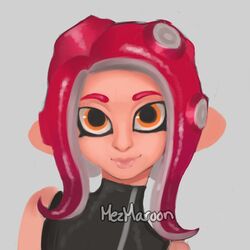  agent_8 artist_name bare_shoulders closed_mouth face female female flat_chest gradient_hair grey_background happy highres jpeg_artifacts lips looking_at_viewer mezmaroon multicolored_hair octoling orange_eyes pointy_ears purple_hair red_hair shiny shiny_hair signature simple_background smile solo splatoon splatoon_(series) splatoon_2 tentacle tentacle_hair upper_body 