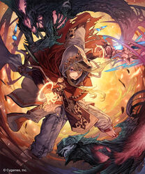  1boy attack blonde_hair cape commentary_request demon ezusuke grin highres holding holding_sword holding_weapon hood hood_up long_hair long_sleeves looking_at_viewer magic male_focus parted_lips photoshop_(medium) purple_eyes red_cape robe sharp_teeth shingeki_no_bahamut smile solo_focus sword teeth watermark weapon 