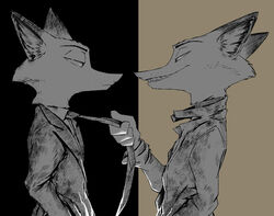  2018 anthro canid canine cheek_tuft clothed clothing collar digital_drawing_(artwork) digital_media_(artwork) disney duo eye_contact facial_tuft fox half-closed_eyes hi_res looking_at_another male mammal narrowed_eyes necktie necktie_grab nick_wilde red_fox restricted_palette side_view square_crossover suit thewyvernsweaver true_fox tuft zootopia 