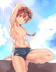  1boy against_wall alexander_(chaldea_beach_volleyball)_(fate) alexander_(fate) ankleband arm_behind_head arm_support armpits barefoot blue_sky braid bulge cloud commentary_request day diffraction_spikes eyewear_on_head fate/grand_order fate_(series) groin_tendon leg_up long_hair looking_at_viewer male_focus male_swimwear nayoshi_(r-744) nipples outdoors red_eyes red_hair school_swimsuit single_braid sky smile solo standing standing_on_one_leg sun sunglasses swim_trunks swimsuit toned toned_male wall wet 