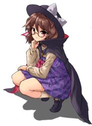  absurdres bad_id bad_pixiv_id black_cape black_footwear black_hat bow brown_hair cape female full_body glasses grin hair_between_eyes hat hat_bow highres loafers long_sleeves looking_at_viewer nob1109 pink_eyes plaid plaid_skirt pleated_skirt purple_skirt red-framed_eyewear semi-rimless_eyewear shadow shoes short_hair simple_background skirt smile socks solo squatting teeth touhou under-rim_eyewear usami_sumireko white_background white_bow white_socks 