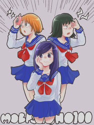  3girls arm_at_side bad_id bad_pixiv_id black_hair blonde_hair blue_skirt camera copyright_name hand_on_own_cheek hand_on_own_face hand_up kurata_tome long_hair mezato_ichi mob_psycho_100 multiple_girls purple_hair school_uniform serafuku short_hair skirt smile standing takane_tsubomi yd_illustration 