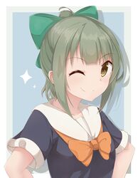  ;) bow bowtie collarbone commentary commission female green_bow green_hair hairbow highres kantai_collection one_eye_closed orange_bow orange_bowtie outside_border ribbon sailor_collar school_uniform serafuku short_sleeves smile solo sparkle upper_body white_sailor_collar yellow_eyes yoriha_yashiro yuubari_(kancolle) 