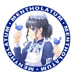  aimori_meguru black_hair blue_eyes blue_ribbon blush closed_mouth commentary_request female hat long_sleeves looking_at_viewer mentholatum mob_cap ribbon round_image short_hair smile solo upper_body 