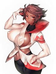  breasts brown_eyes candela_(pokemon) commentary_request covered_nipples dark-skinned_female dark_skin female fumio_(rsqkr) gloves holding holding_poke_ball large_breasts looking_at_viewer narrow_waist navel pantyhose poke_ball poke_ball_(basic) pokemon pokemon_go red_eyes short_hair sideboob simple_background smile solo white_background 