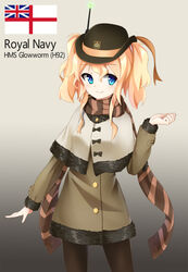  arnold-s bad_id bad_pixiv_id black_hat black_pantyhose blonde_hair blue_eyes blush brown_scarf closed_mouth female glowworm_(warship_girls_r) hat highres looking_at_viewer pantyhose photoshop_(medium) scarf short_hair short_twintails smile solo twintails warship_girls_r 