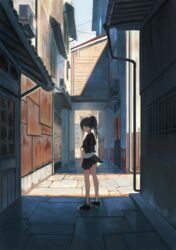  air_conditioner alley black_footwear black_skirt blue_eyes city clenched_hand cloud commentary_request corrugated_galvanized_iron_sheet dark dark-skinned_female dark_skin female from_behind high_ponytail highres kagumanikusu long_hair looking_at_viewer looking_back original outdoors pleated_skirt rust scenery shade shoes skirt sky sneakers solo standing sunlight wind wind_lift 