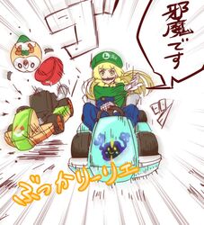  cosmog cosplay driving fake_facial_hair fake_mustache female gloves green_hat ground_vehicle hat lillie_(pokemon) long_sleeves luigi luigi_(cosplay) mario_(series) mario_kart mario_kart_8 motor_vehicle overalls piku_(another_pikuru) pokemon pokemon_(creature) pokemon_sm protected_link red_hat riding rowlet sitting standard_kart_(mario) translated white_gloves 