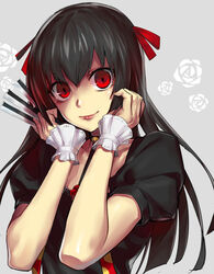  1boy bell black_hair black_shirt choker collarbone commentary_request floating_hair grey_background hair_between_eyes hair_ribbon holding jingle_bell lipstick long_hair looking_at_viewer makeup male_focus otoko_no_ko red_eyes red_lips red_ribbon ribbon shiromi_(ringo) shirt short_sleeves simple_background smile solo suzuya_juuzou tokyo_ghoul upper_body 