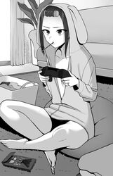  bags_under_eyes barefoot brand_name_imitation breasts carpet commentary_request controller couch curtains female food forehead greyscale gyouza_teishoku highres hood hooded_jacket indoors jacket jewelry monochrome original plant pocky potted_plant ring sitting small_breasts solo wedding_ring 