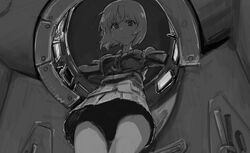  commentary_request faux_traditional_media female from_below girls_und_panzer greyscale highres jacket kotoyama looking_at_viewer military military_uniform monochrome nishizumi_miho ooarai_military_uniform pleated_skirt shadow skirt solo standing sweatdrop tank_interior thighs uniform upskirt vehicle_interior 