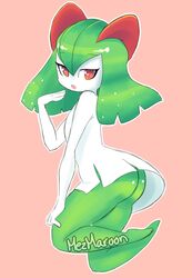  artist_name ass bangs creatures_(company) eyebrows_visible_through_hair female female from_side full_body game_freak gen_3_pokemon green_hair green_skin hair_between_eyes half-closed_eyes hand_up highres kirlia long_hair looking_at_viewer mezmaroon nintendo no_humans open_mouth orange_eyes outline pink_background pokemon pokemon_(creature) shiny shiny_hair shiny_skin signature simple_background solo two-tone_skin white_outline white_skin 