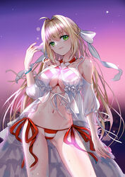  ahoge bad_id bad_pixiv_id bikini blonde_hair bow bracelet breasts cleavage criss-cross_halter fate/grand_order fate_(series) female green_eyes hair_intakes hairbow halterneck highres jewelry jiushi_shijiu large_breasts light_blush light_smile long_hair looking_at_viewer nero_claudius_(fate) nero_claudius_(swimsuit_caster)_(fate) nero_claudius_(swimsuit_caster)_(third_ascension)_(fate) night photoshop_(medium) side-tie_bikini_bottom solo striped_bikini striped_clothes swimsuit twintails 