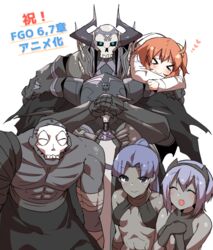  &gt;_&lt; 2boys 3girls :d abs ahoge armor assassin_(fate/zero) bare_shoulders black_cloak black_gloves black_skin blush breasts brown_hair chaldea_uniform cloak closed_eyes closed_mouth colored_skin commentary_request dark-skinned_female dark_skin eiri_(eirri) elbow_gloves facing_viewer fate/grand_order fate/prototype fate/prototype:_fragments_of_blue_and_silver fate/zero fate_(series) female_assassin_(fate/zero) fujimaru_ritsuka_(female) gloves glowing glowing_eyes grey_skin hair_between_eyes hair_ornament hair_scrunchie hands_on_hilt hands_up hassan_of_serenity_(fate) hassan_of_the_cursed_arm_(fate) heart horns jacket king_hassan_(fate) long_hair looking_at_viewer mask medium_breasts multiple_boys multiple_girls one_side_up open_mouth parted_bangs ponytail purple_eyes purple_hair scrunchie simple_background skull skull_mask smile spikes sword tears translation_request uniform weapon white_background white_jacket yellow_scrunchie 