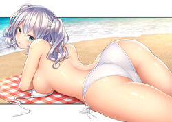  aqua_eyes ass back bad_anatomy beach bikini blush breasts commentary_request contllenge day female from_behind grey_hair kantai_collection kashima_(kancolle) large_breasts long_hair looking_back lying ocean on_stomach outdoors sand shiny_skin side-tie_bikini_bottom sideboob sidelocks smile solo swimsuit tsurime twintails untied_bikini water wavy_hair white_bikini 