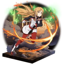  alpha_transparency ankle_boots asuna_(sao) augma bad_id boots braid brown_eyes brown_hair dress energy faux_figurine female fire floating_hair frown full_body gloves glowing highres holding holding_sword holding_weapon leg_up long_hair official_art pantyhose preceder_(sao) rapier red_pantyhose running short_dress solo standing standing_on_one_leg sword sword_art_online sword_art_online_the_movie:_ordinal_scale transparent_background very_long_hair weapon white_gloves 