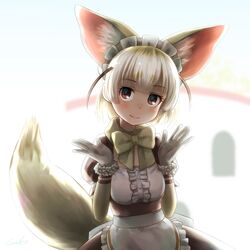  alternate_costume animal_ear_fluff animal_ears blonde_hair blush bow bowtie center_frills commentary elbow_gloves female fennec_(kemono_friends) fox_ears fox_tail frills fur_trim gloves highres kemono_friends kemono_friends_festival maid maid_headdress puffy_short_sleeves puffy_sleeves short_hair short_sleeves signature solo tail upper_body welt_(kinsei_koutenkyoku) 