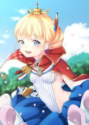  azur_lane blonde_hair blue_eyes blurry blurry_background blush breasts cape cloud commentary_request day epaulettes female gauntlets hair_ornament jewelry le_triomphant_(azur_lane) looking_at_viewer necklace open_mouth outdoors petals shiruko_(27anko) sky small_breasts 