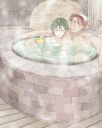  2boys bad_id bad_pixiv_id bath blush closed_eyes commentary_request dark-skinned_male dark_skin green_hair hjm multiple_boys onsen ookanehira_(touken_ranbu) partially_submerged red_hair rubber_duck touken_ranbu towel towel_on_head uguisumaru water wooden_floor 