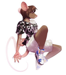  2018 5_fingers anthro artist_name biped bottomwear breasts brown_hair claws closed_eyes clothed clothing dated female fingers hair hand_behind_back hi_res kyander long_tail mammal murid murine pink_nose pose rat rat_tail rodent shoelaces short_hair shorts simple_background solo tail text text_on_clothing text_on_t-shirt text_on_topwear thin_tail tilde topwear whiskers white_background white_whiskers 