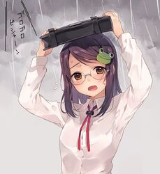  bad_id bad_pixiv_id bag bag_on_head blush brown_eyes dot_nose dress_shirt female frog_hair_ornament glasses hair_ornament hands_up long_sleeves looking_at_viewer medium_hair natsu_natsuna open_mouth original purple_hair school_bag school_uniform shirt solo swept_bangs translation_request white_shirt 